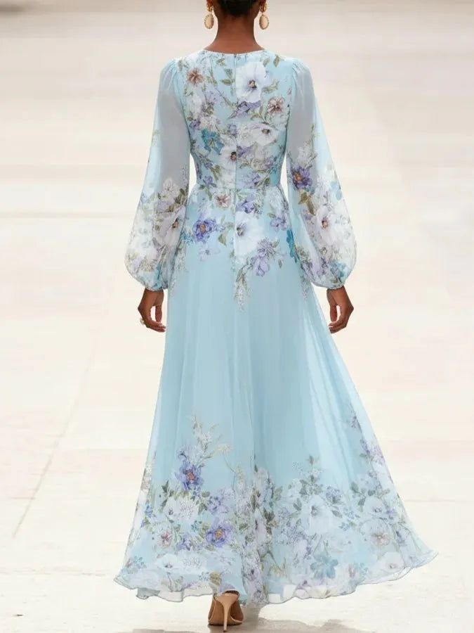 Light Blue V-neck Chiffon Printed Maxi Dress
