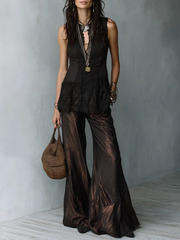 Slimming Deep V Lace Top & Metallic Wide Leg Pants Two-Piece Set