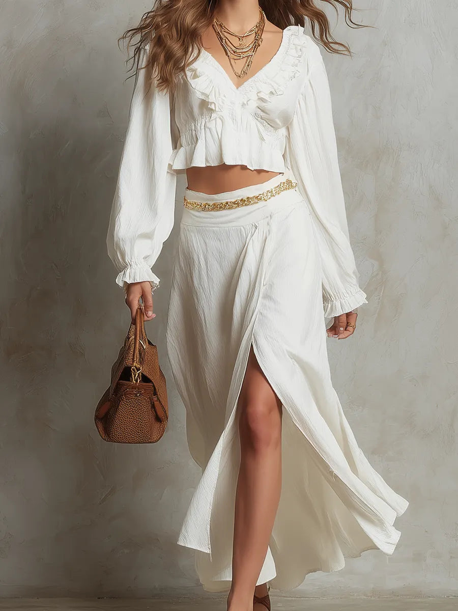 Romantic Ivory Ruffle Crop Top & Slit Skirt Set
