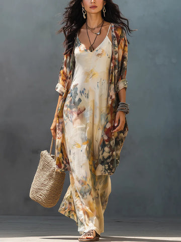 Artistic Floral Print Cami Dress & Longline Kimono Set