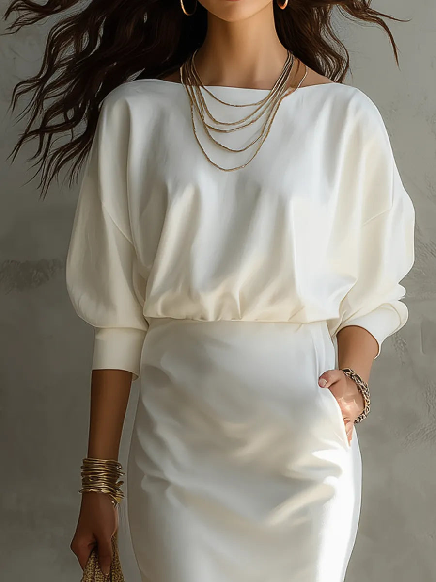 Refined Blouson Top & Lace Hem Midi Skirt Set