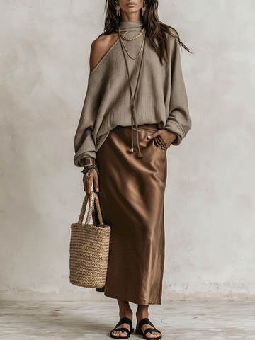 Effortless Chic Taupe Knit Sweater & Brown Satin Maxi Skirt Set