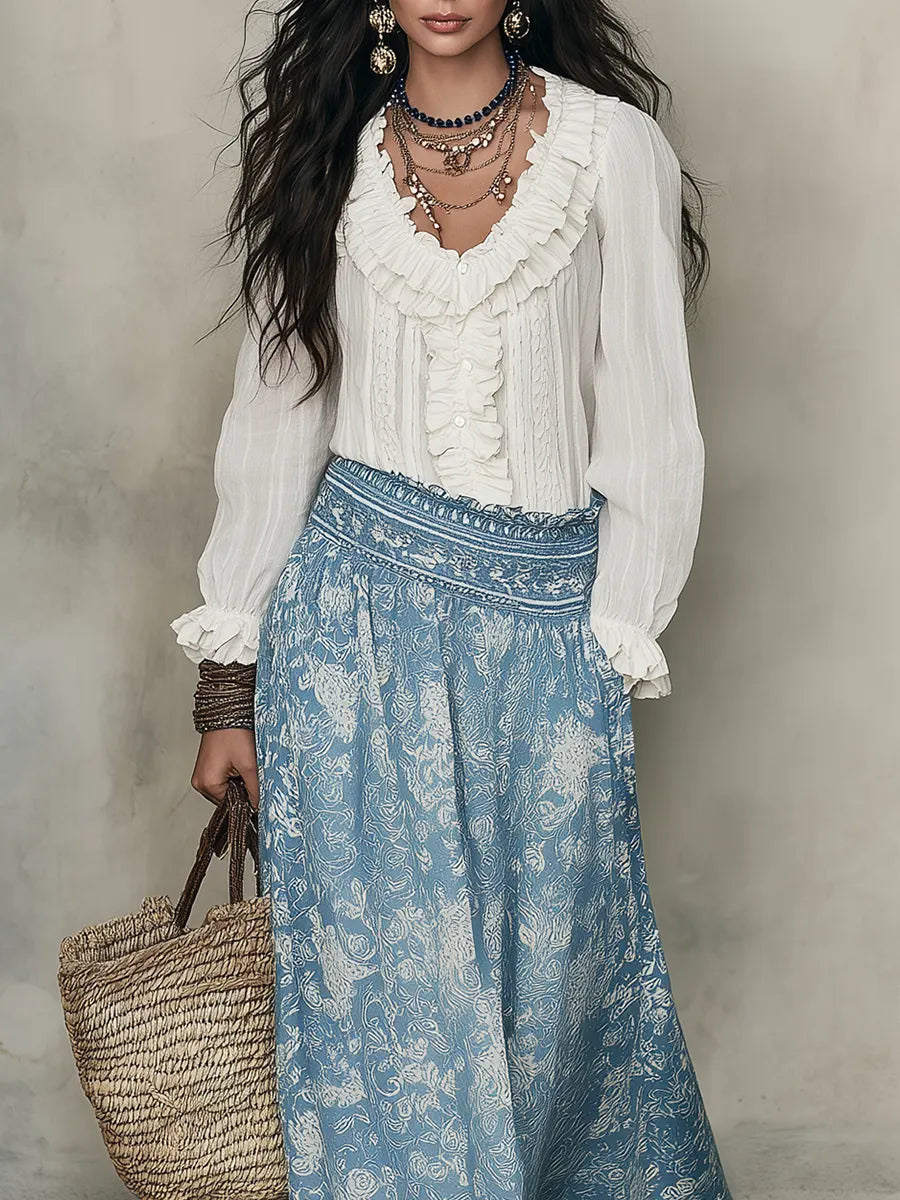 Bohemian White Ruffle Blouse & Blue Jacquard  – Effortless Resort Elegance Midi Skirt