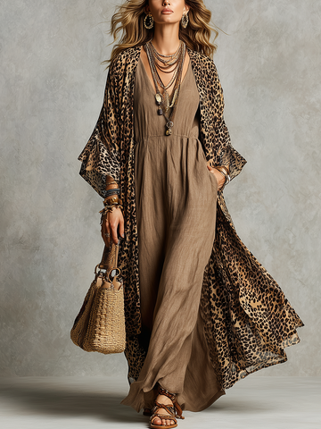Bohemian Wild Leopard Print Layered Dress Set