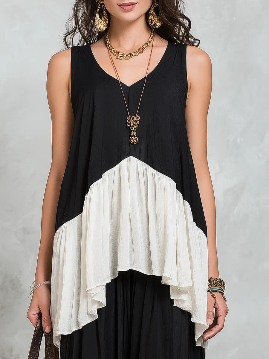 Elegant Black Colorblock Layered Skirt Set