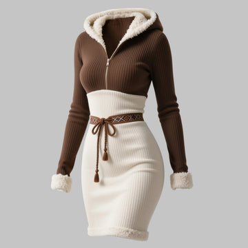 Women's Retro Vertical Striped Color Block Ethnic Style Half-Zip Hooded Slim Fit Dress