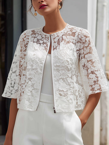 Floral Lace Zip-Front Cropped Overlay Jacket