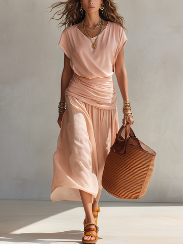 Soft Draped Top & Ruched Midi Skirt Set