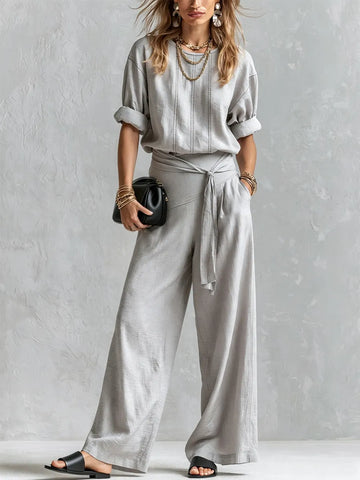 Bohemian Gray Cotton Linen Top And Wide-leg Pants Set