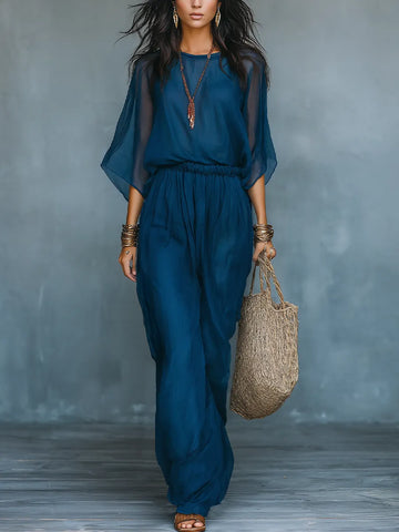 Minimalist Deep Blue Sheer Sleeve Wide-Leg Pant Set