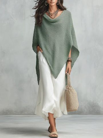 Coastal Boho Sage Knit Poncho & White Satin Midi Dress Set