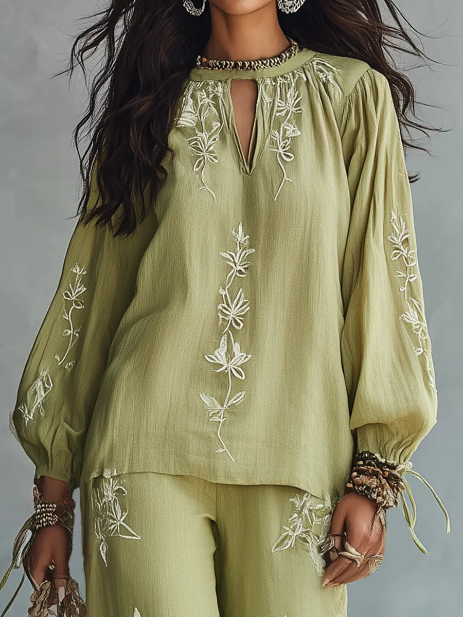 Refined Sage Embroidered Lounge Set