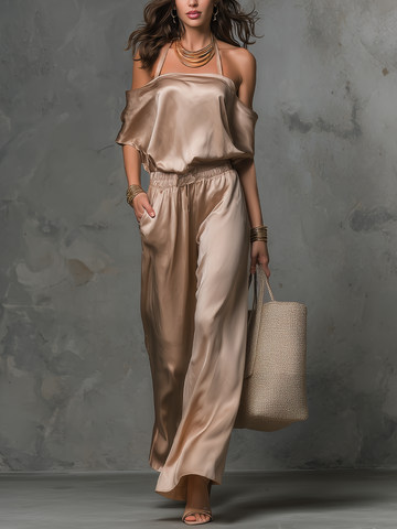 Sleek Satin Halter Cold-Shoulder Two-Piece Set