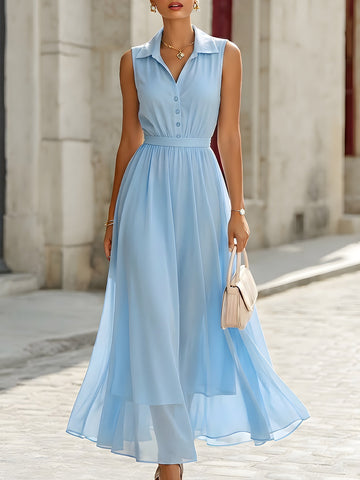 Sleeveless Collared Chiffon Shirt Maxi Dress