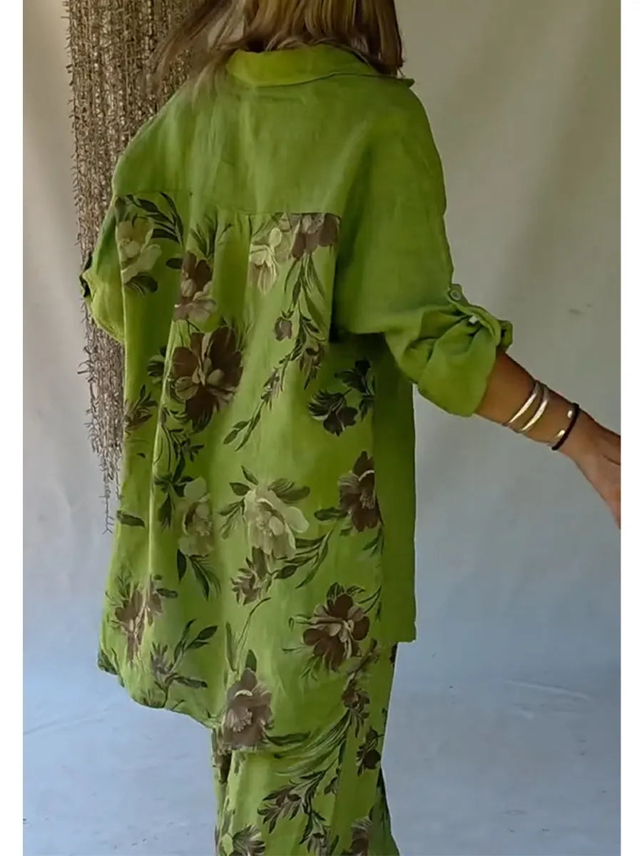 Casual Floral Print Linen And Cotton Shirt And Trousers Two-piece Set