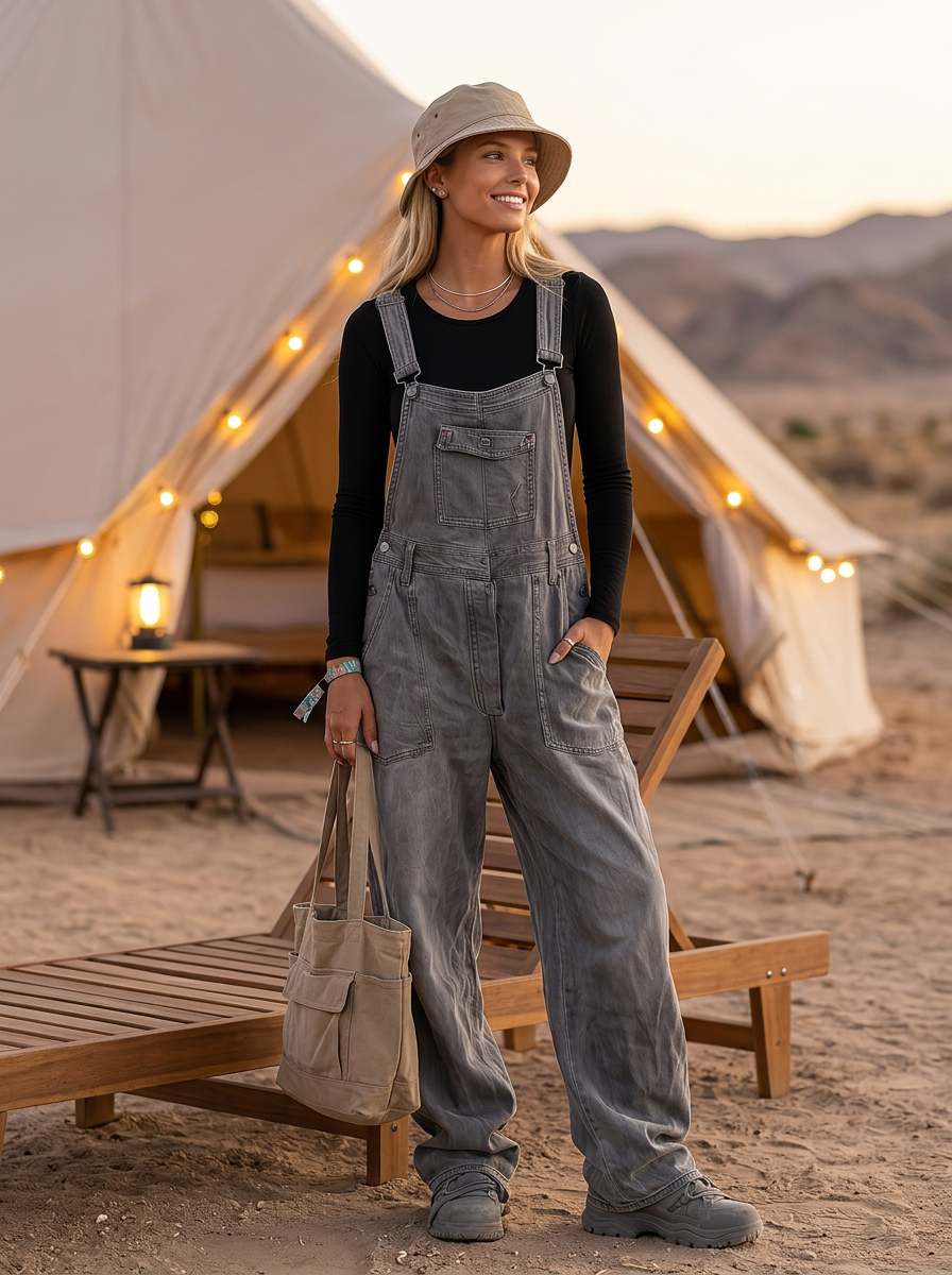 Grey Distressed Denim Overalls – Loose Drop-Crotch Wide-Leg Jumpsuit with Pockets