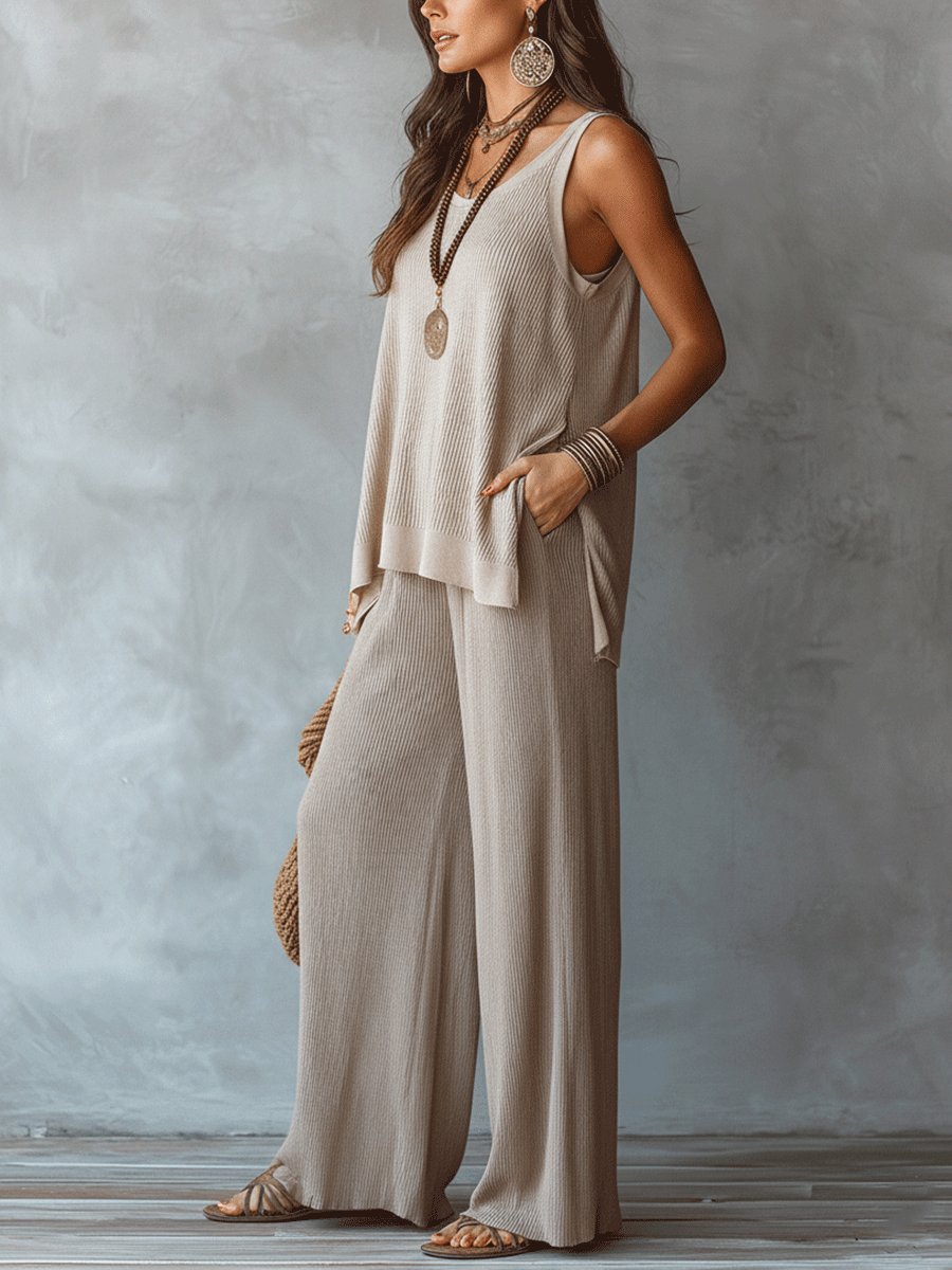 Effortless Boho Sleeveless Textured Top & Wide-Leg Pants Set