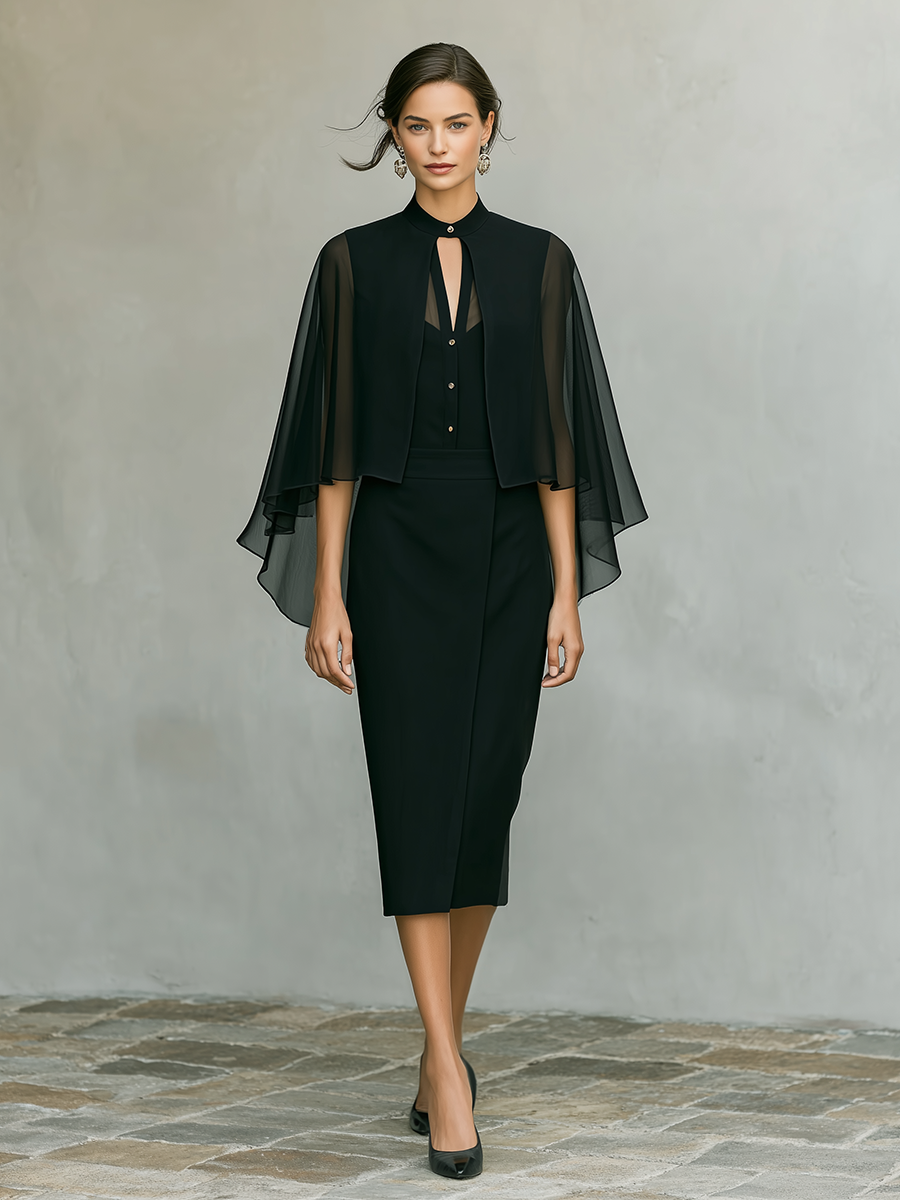 Women's Black Crepe & Chiffon Two-Piece Set With Cape Overlay & Midi Dress, Timeless Formal-Elegant Style Set MDZ1418D7LYL
