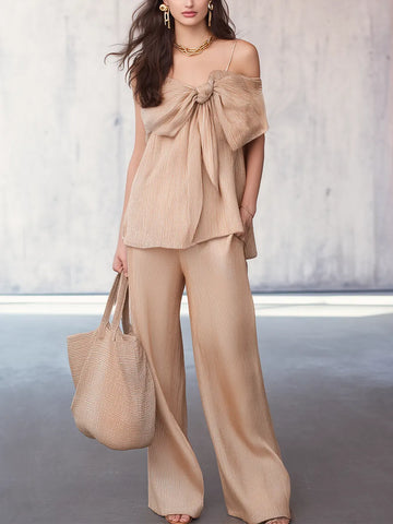 Elegant Champagne Bow Front Wide Leg Pants Set