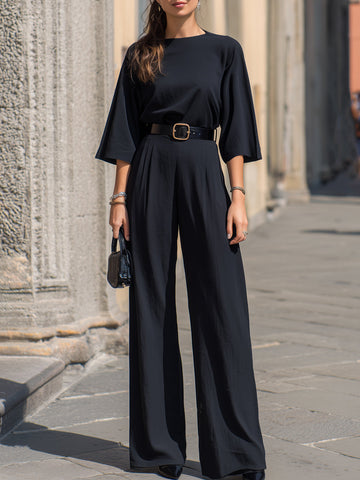 Minimalist Batwing Sleeve Belted Wide-Leg Jumpsuit
