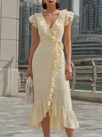 Chiffon Ruffled Wrap Midi Dress