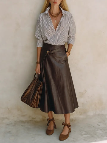 Effortless Office Stripe Shirt & Faux Leather Midi Skirt Set