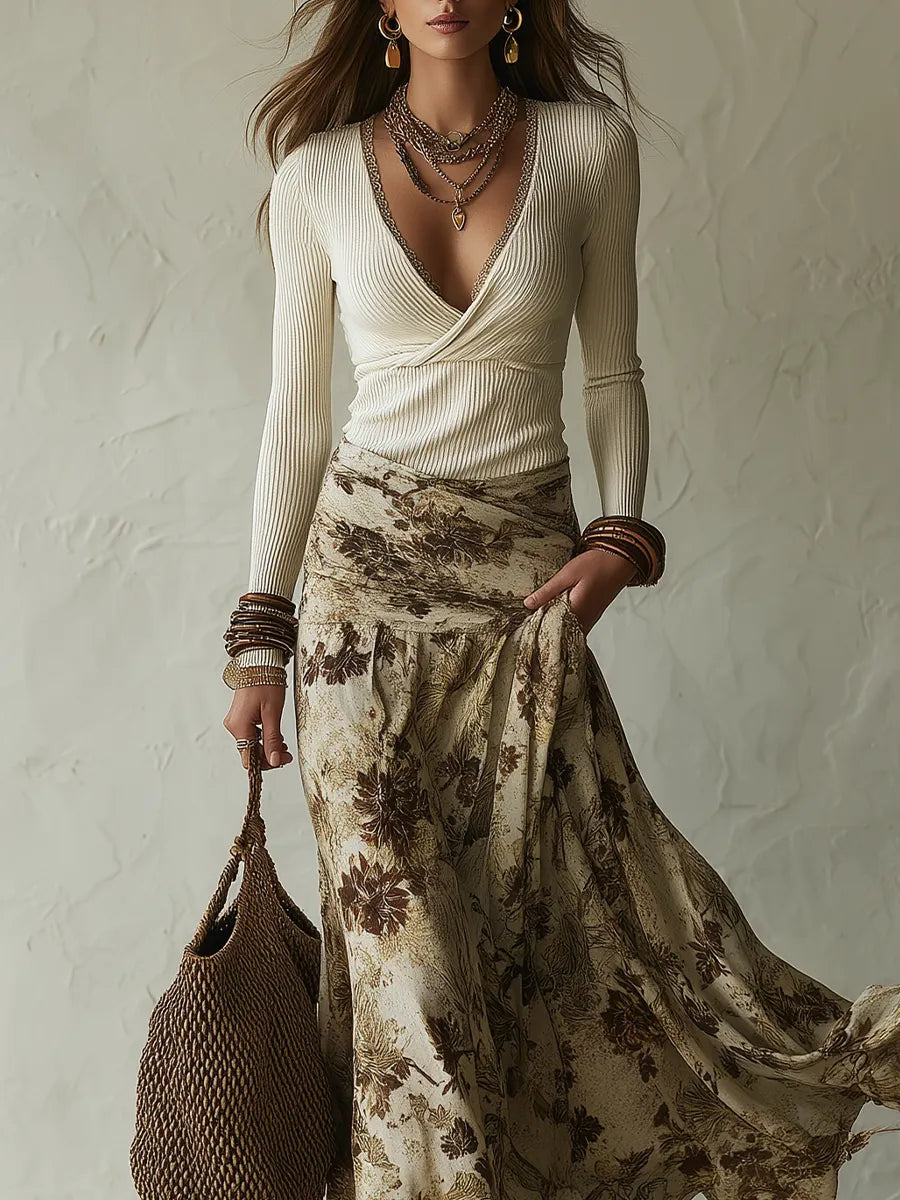 Cream Ribbed Wrap Top & Floral Print Maxi Skirt Set