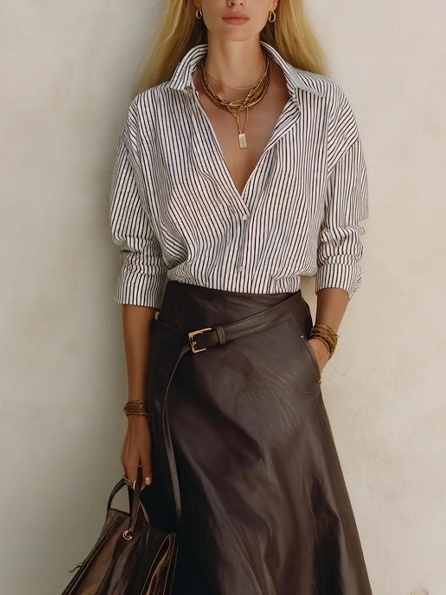 Effortless Office Stripe Shirt & Faux Leather Midi Skirt Set