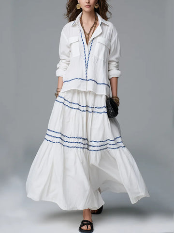 Bohemian Style Cotton And Linen White Midi Skirt Suit