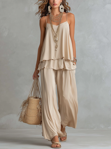 Minimalist Resort Style Beige Camisole Wide Leg Suit