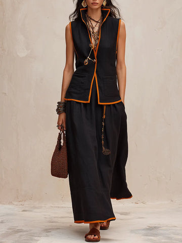 Western Chic Linen Stand-Collar Open-Front Black & Rust Maxi Skirt Set
