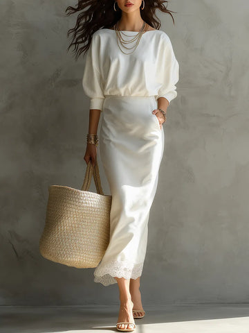 Refined Blouson Top & Lace Hem Midi Skirt Set
