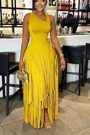 Asymmetrical Neckline Bodycon Fringe Maxi Dress