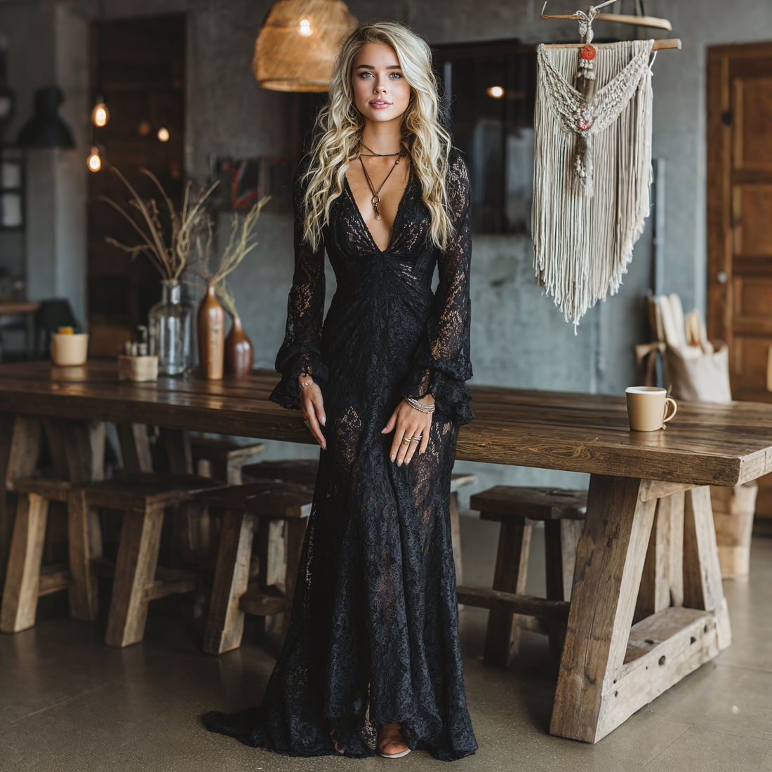 Elegant V-neck High Waist Lace Flared Long Sleeve Dress