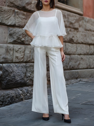 Sheer Layered Peplum Blouse & Wide-Leg Tailored Pants Set