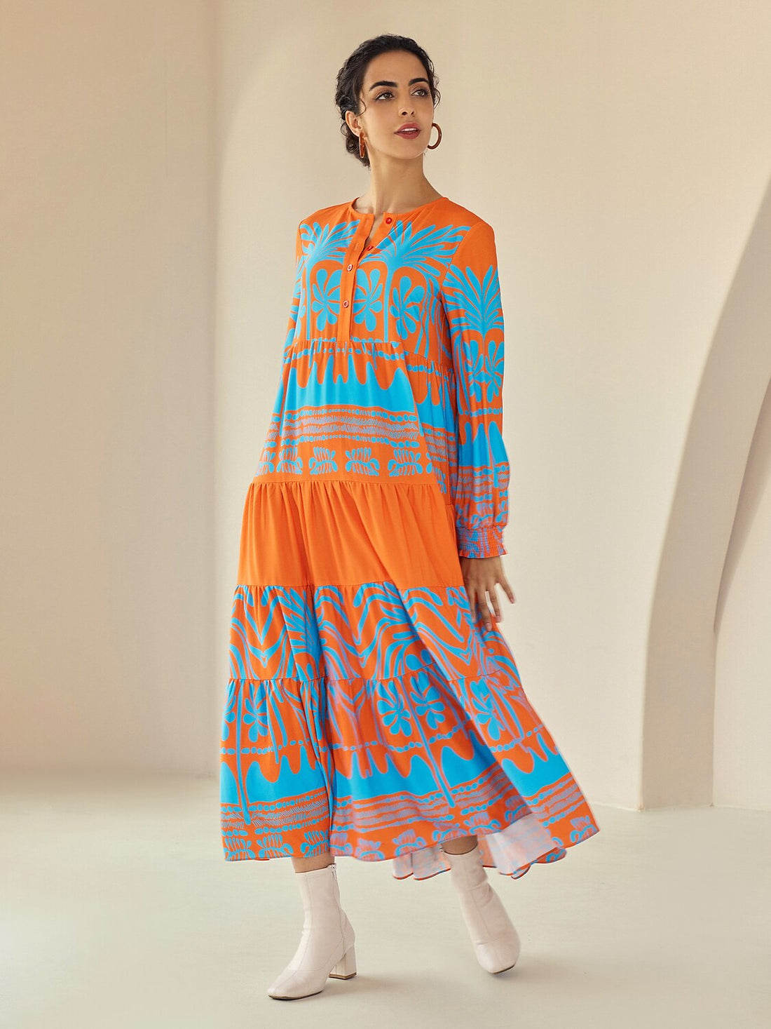 Plants Linear Button Up Crew Neck Ethnic Casual Maxi Dress