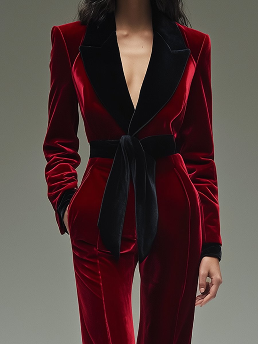 【24-hour shipping out】Retro Fashion Lapel Belt Different Color Velvet Stitching Jumpsuit