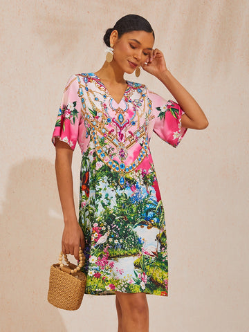 Pink Jungle Party Silky Satin Diamond Mini Dress