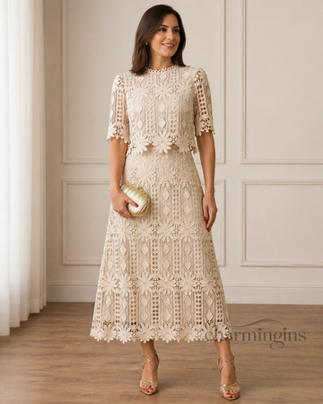 Ivory Crochet Lace Top & Midi Skirt Set